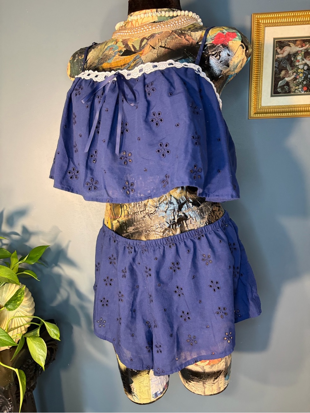 Victoria’s Secret navy blue embroidered eyelet crop cami and mini short set